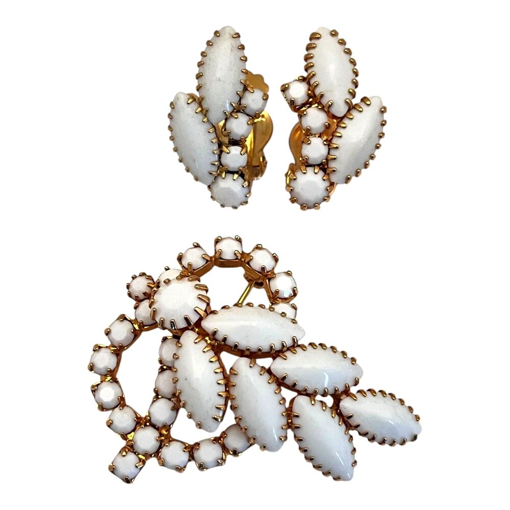 Vintage 1960s Milk Glass Brooch Earring Set White Navettes Gold Tone MCM - 5Q